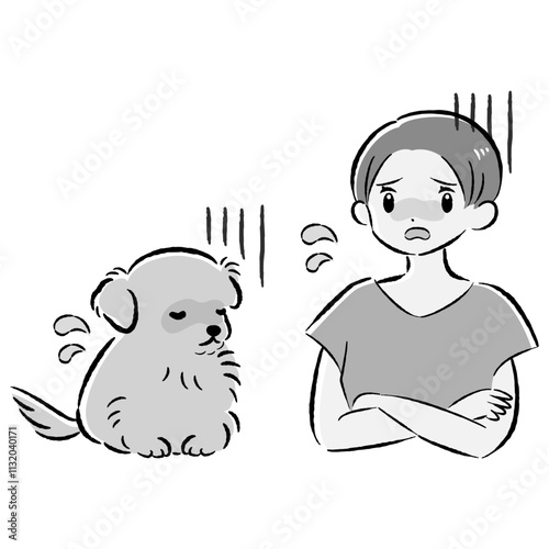 体調不良の犬と心配する飼い主の女性のイラストセット