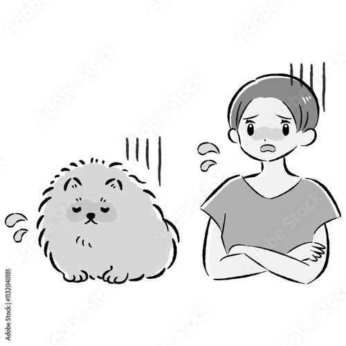 体調不良の犬と心配する飼い主の女性のイラストセット