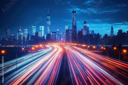 Night Urban Traffic on Highway Captured with Motion Blur and Long Exposure Photography photo