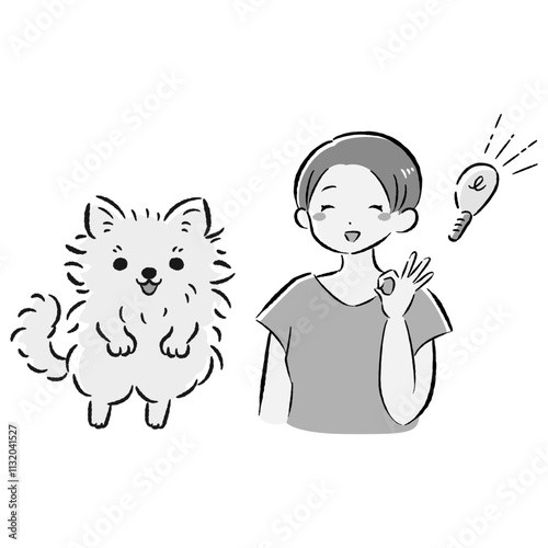 ジャンプする犬とアイデアを思いつく飼い主のイラストセット