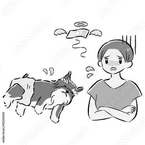 おむつをした犬と心配する飼い主の女性のイラストセット