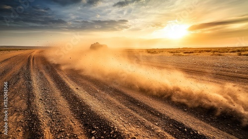 Sunset dust cloud raised by a vehicle driving on a dirt road.