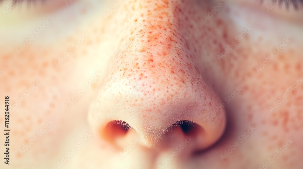 Fototapeta premium Close up of red irritated nose, emphasizing the discomfort and struggle of allergies or cold symptoms, highlighting the human vulnerability and resilience in the face of common ailments
