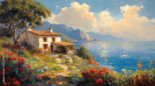 Wallpaper Mural Impressionist Oil Painting of a Cozy Cottage by the Seaside with Lush Greenery and Colorful Flowers Under a Dynamic Sky Torontodigital.ca