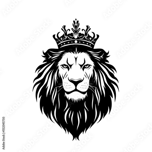 Majestic Lion Head with Crown Silhouette, Elegant black lion head silhouette featuring a detailed mane and a royal crown, symbolizing strength and leadership on a white background.
