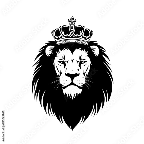 Majestic Lion Head with Crown Silhouette, Elegant black lion head silhouette featuring a detailed mane and a royal crown, symbolizing strength and leadership on a white background.
