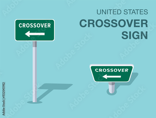 Traffic regulation rules. Isolated United States "crossover" road sign. Front and top view. Flat vector illustration template.