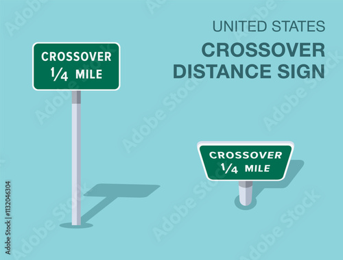 Traffic regulation rules. Isolated United States "crossover distance" road sign. Front and top view. Flat vector illustration template.