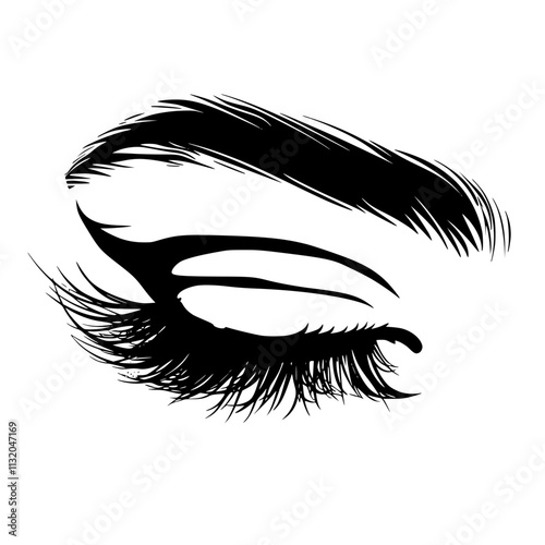 Stylized Eyes with Dramatic Lashes and Brows, Black silhouette of stylized eyes with bold eyeliner, long lashes, and arched brows, creating a glamorous and striking look.
