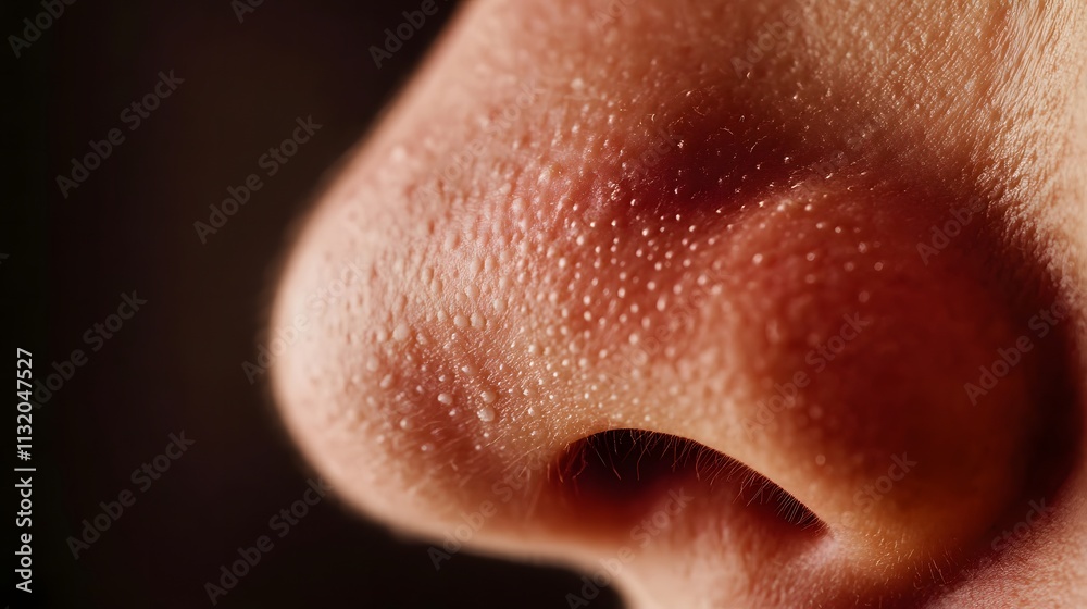 Fototapeta premium Close up of red irritated nose, emphasizing the discomfort and struggle of allergies or cold symptoms, highlighting the human vulnerability and resilience in the face of common ailments