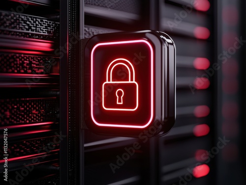 A glowing red padlock icon symbolizes security and data protection in a modern server environment.