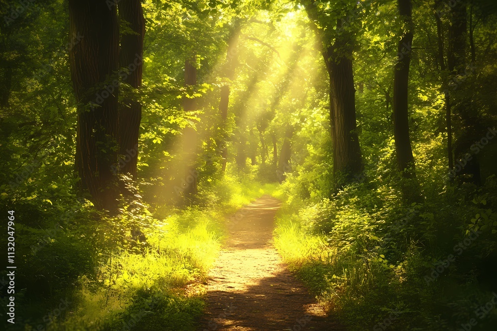 Obraz premium Sunlit Path in a Lush Green Forest