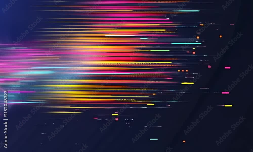 Abstract digital design featuring colorful lines and dots on a dark background.