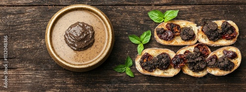 Delicious bruschettas with truffle sauce and microgreens on black table, flat lay. Space for text , isolated on white background,  , copy space, copy space for text, photo