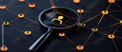 A magnifying glass highlighting a user icon amidst a network of connections, symbolizing digital search and analysis.