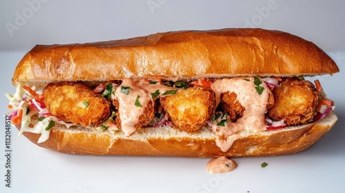 Deliciously Crispy Fried Shrimp Po' Boy Sandwich Loaded with Creamy Sauce and Fresh Slaw on a Soft Hoagie Bun photo