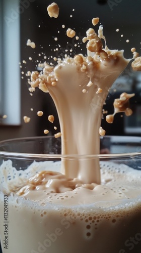 Homemade Nut Milk Glass Pouring Almond Milk with Fresh Ingredients and Natural Lighting for Healthy Lifestyle and Plant-Based Diet photo