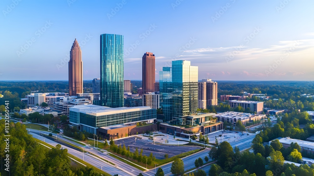 Fototapeta premium Business district buildings exterior showcasing modern architecture and urban landscape, symbolizing progress and innovation in city development
