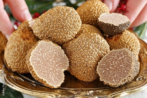 White truffles from Piedmont on tray held by the hands of a woma , isolated on white background,  , copy space, copy space for text, photo