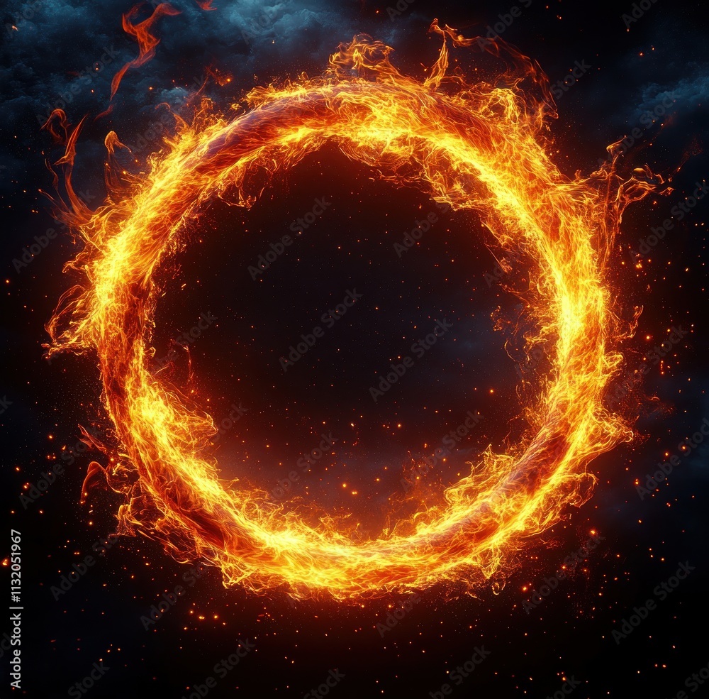 Obraz premium Fiery Circle of Flames and Glowing Embers in Dark Background