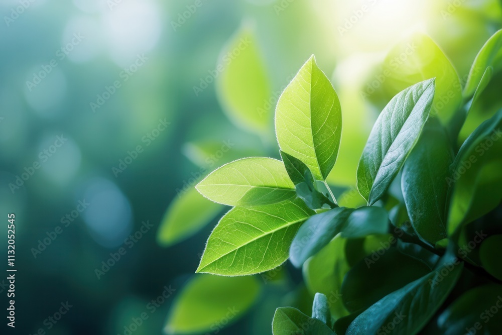 Obraz premium Lush green leaves with soft lighting in the background.