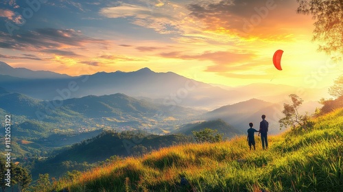 Sunrise over majestic mountains; two figures stand overlooking the valley. Ideal for travel, adventure, and family themes; evokes feelings of freedom and exploration. photo