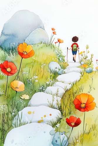 A child walks along a colorful flower path in nature. Happy Sunday Life Concept.