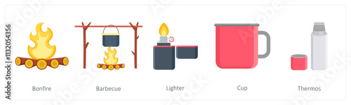 A set of 5 camping icons as bonfire, barbecue, lighter