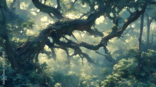 Towering trees and lush verdant wilderness in an impressionist painting style 3D