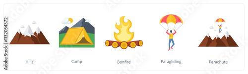 A set of 5 camping icons as hills, camp, bonfire