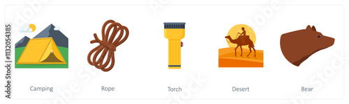 A set of 5 camping icons as camping, rope, torch