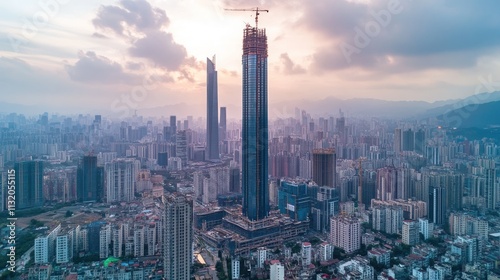 Sunset aerial view of a city with skyscrapers under construction.