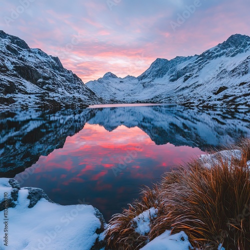 Peaceful Lake and Snowy Mountain Sunrise for New Beginnings, Fresh Start and Sunrise Themes, New Year's day, New Year's Eve 
