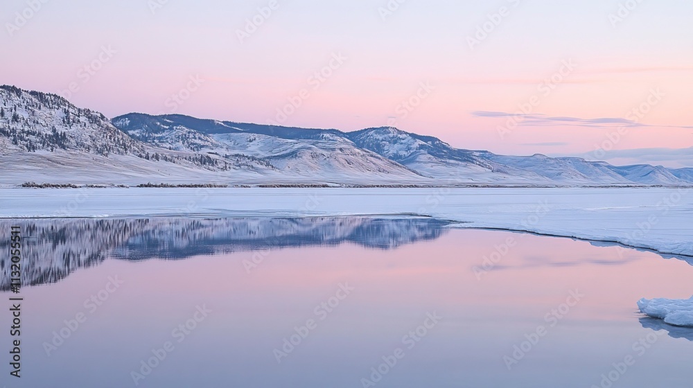 Fototapeta premium Peaceful Lake and Snowy Mountain Sunrise for New Beginnings, Fresh Start and Sunrise Themes, New Year's day, New Year's Eve 