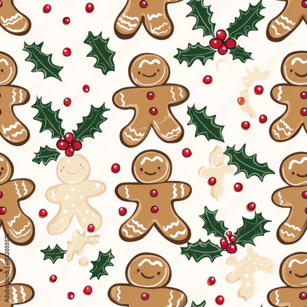 Naklejka premium Seamless pattern of gingerbread men and holly leaves