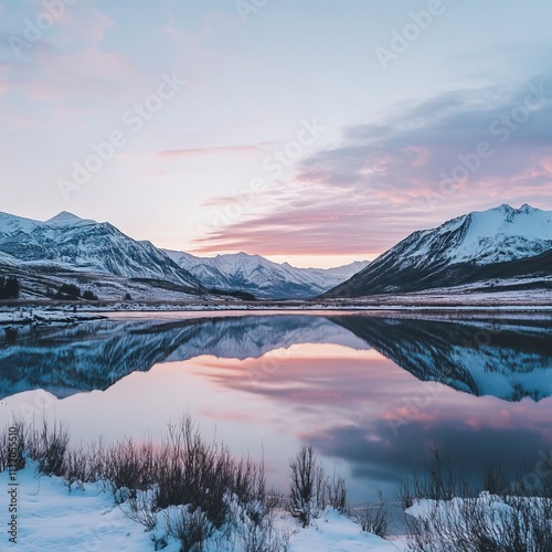 Peaceful Lake and Snowy Mountain Sunrise for New Beginnings, Fresh Start and Sunrise Themes, New Year's day, New Year's Eve 