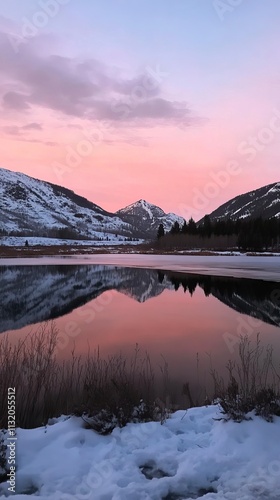 Peaceful Lake and Snowy Mountain Sunrise for New Beginnings, Fresh Start and Sunrise Themes, New Year's day, New Year's Eve 