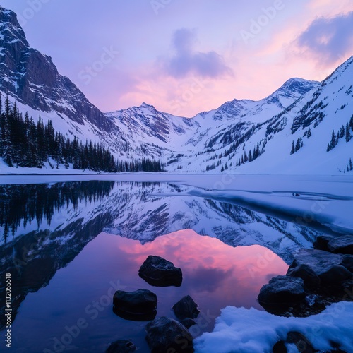 Peaceful Lake and Snowy Mountain Sunrise for New Beginnings, Fresh Start and Sunrise Themes, New Year's day, New Year's Eve 