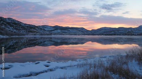 Peaceful Lake and Snowy Mountain Sunrise for New Beginnings, Fresh Start and Sunrise Themes, New Year's day, New Year's Eve 