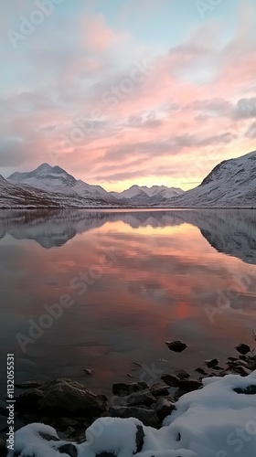 Peaceful Lake and Snowy Mountain Sunrise for New Beginnings, Fresh Start and Sunrise Themes, New Year's day, New Year's Eve 