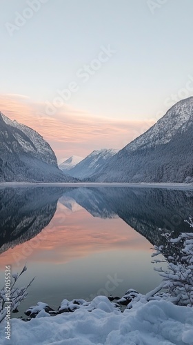 Peaceful Lake and Snowy Mountain Sunrise for New Beginnings, Fresh Start and Sunrise Themes, New Year's day, New Year's Eve 
