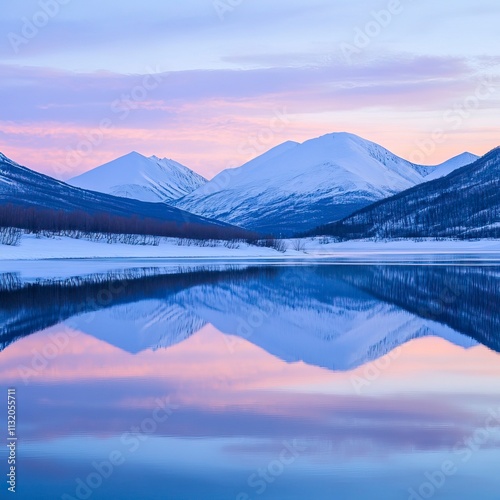 Peaceful Lake and Snowy Mountain Sunrise for New Beginnings, Fresh Start and Sunrise Themes, New Year's day, New Year's Eve 