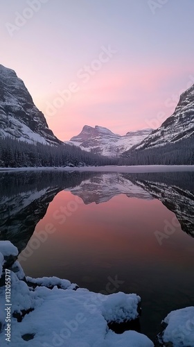 Peaceful Lake and Snowy Mountain Sunrise for New Beginnings, Fresh Start and Sunrise Themes, New Year's day, New Year's Eve 