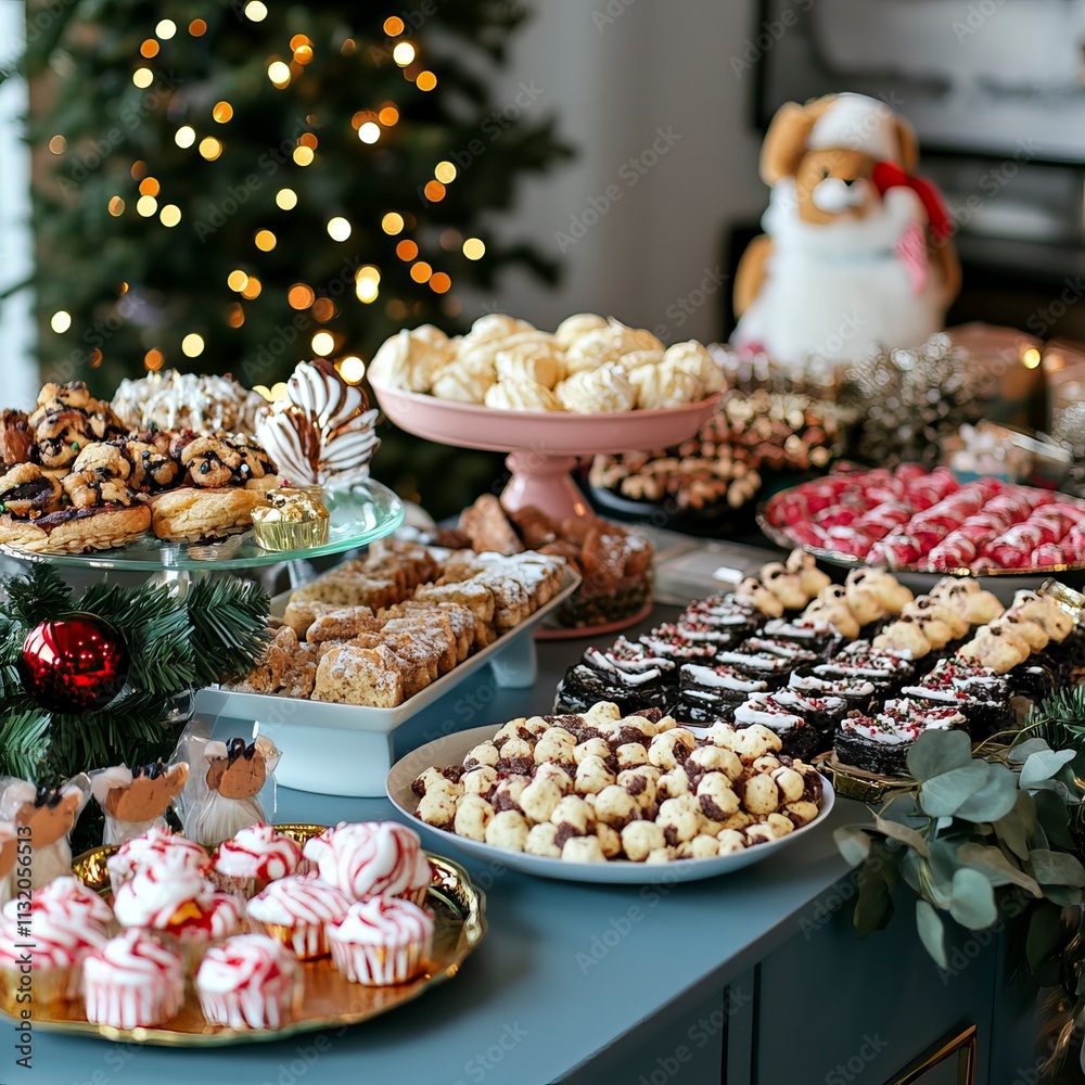Fototapeta premium Pet Holiday Party with Festive Treats and Decorations Pet-Friendly Holiday Scene, Pet-Friendly Holiday Scene, Happy Christmas day, Winter vibe 