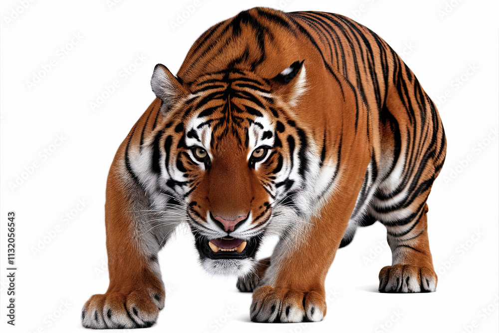 Obraz premium Tiger with intense eyes and bold stripes, in a crouching pose on a white background