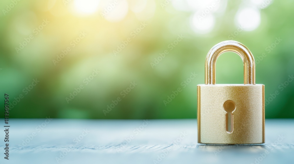 Fototapeta premium Secure Gold Padlock on Wooden Table Green Nature Background