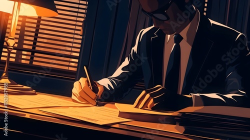 Shadowy Private Investigator Examining Medical Records by Dim Desk Lamp in Moody Gritty Urban Setting