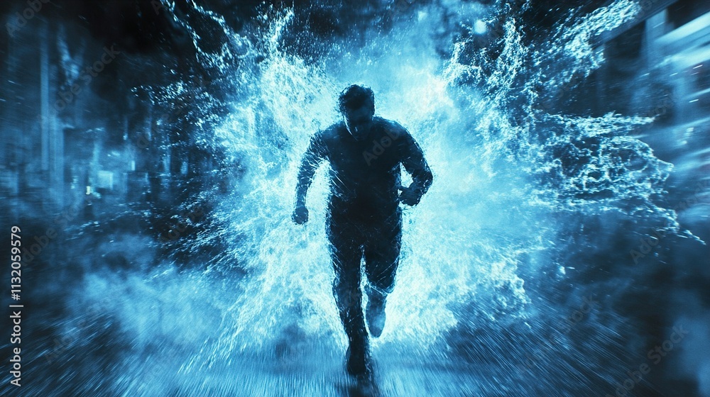 Fototapeta premium Man Running Through Water: A Dynamic and Powerful Image