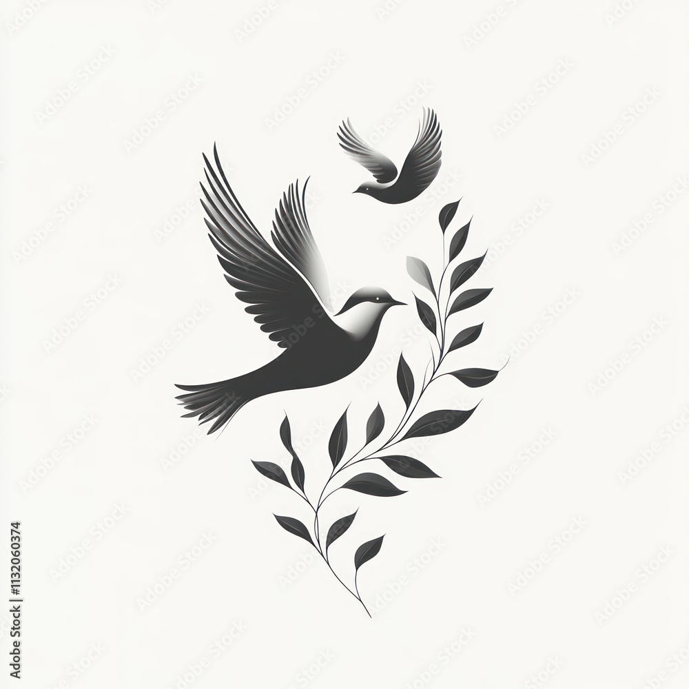 Fototapeta premium Two graceful birds in flight with leaves.