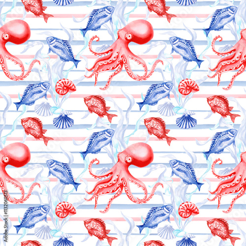 Seamless pattern with a marine theme and octopuses. Watercolor illustration on a white background for packaging design, printing on fabric, bed linen, and decoration of marine-themed holidays. photo